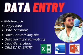 do excel data entry, data scraping, and research, data convert, copy paste