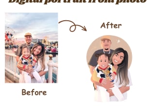 draw custom digital family, couple, cartoon and pet portrait
