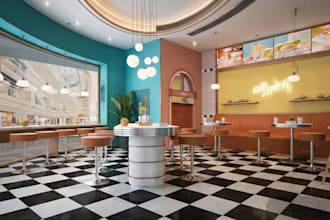 restaurant interior design, cafe, coffee shop and 3d rendering