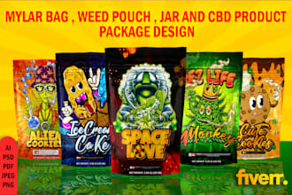 design unique weed pouch, mylar bag, jar labels and cbd product labels