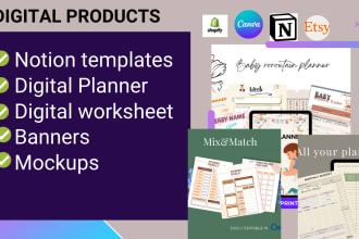 design etsy digital products, shopify digital products, design notion templates