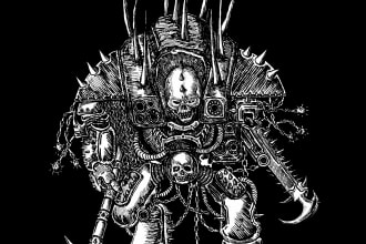 draw a warhammer, medieval, bloody, gore,morbid death metal maniac illustrations