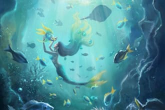 create premium mermaid illustration in fantasy style, exclusive no ai