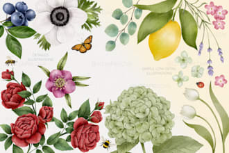 create a digital watercolor botanical illustration of flowers, plants, fruits