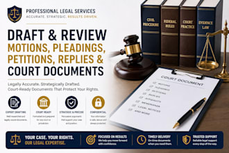 draft and review motions, pleadings, petitions, replies, court legal documents