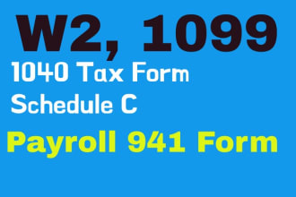 1040 tax form, schedule c, w2, 1099, 941 payroll form with tax calculations