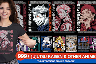 999 jujutsu kaisen and other anime tshirt design bundle