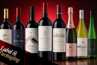 do wine, beer, whiskey, vodka, gin bottle label and packaging design