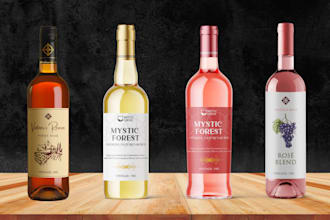 do wine, beer, whiskey, vodka, gin bottle label and packaging design