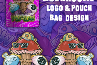 magic mushroom shrooms trippy psychedelic pouch bag and label design