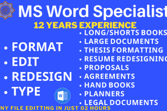 create, format, type, edit, and redesign microsoft word documents and books