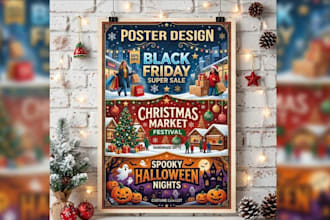 design seasonal event poster, flyer, and banner for halloween, christmas, party