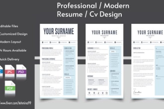 make professional, creative resume design or modern cv template
