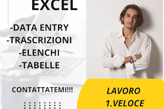 eseguo tracrizione dati su excel, formule , data entry e data scraping