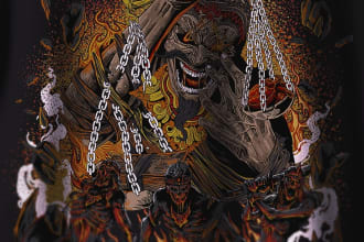 create you detailed dark horror design for clothing and band