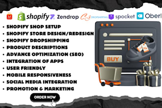 do shopify store design or redesign, set up shopify dropshipping website, setup