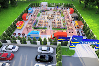 design outdoor food court layouts with 2d plans and 3d renders