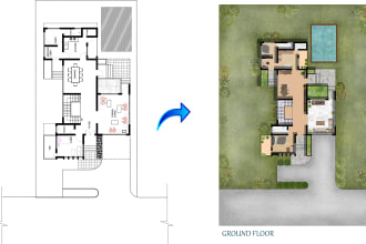 professional floor plans, elevation and section rendering in photoshop