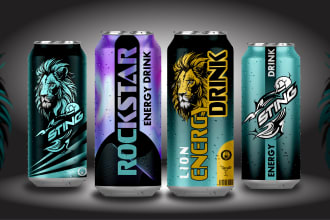 design labels for energy drinks, beer cans, juice, and water bottles