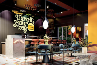 create a modern cafe and bar interior design with photorealistic rendering