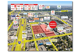 design retail trade aerial map with site arrow, logo labels and graphics