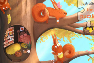 draw cute kids illustrations for puzzles board games with animals insects bugs