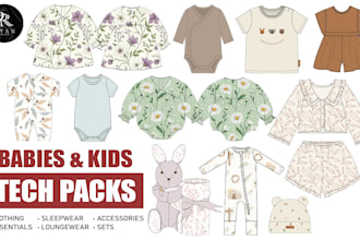 make a kids or babies tech pack ready for manufacturing