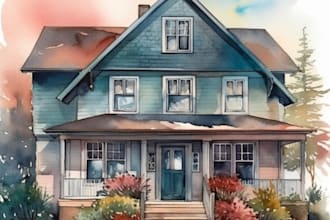drawing watercolor your house building illustration
