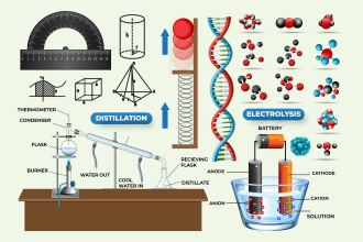 design physics, mathematics figures, chemistry, and biology illustrations