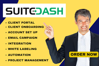 set up suitedash client portal, project management, workflows, account setup,CRM