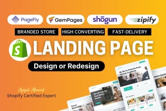 design shopify landing page dropshippinng website with pagefly, gempages