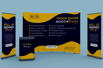 design trade show booth, kiosks, roll up banners, backdrop for exhibition