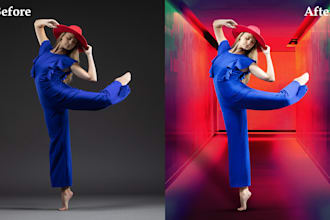 realistic photo manipulation, retouching, background change, photoshop editing