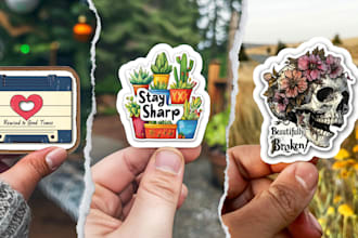 design sticker, logo, badge, label, decals, magnets, totes