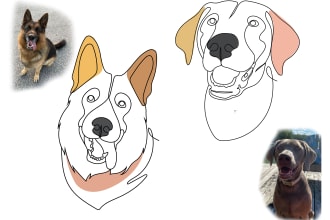 draw custom pet dog cat portrait into color one line art