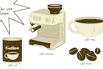 draw hand drawn line art icons, illustrations