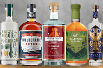 design label for gin, wine, rum, whisky, vodka, tequila, cocktails, beer, liquor