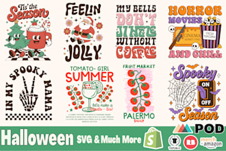 unique retro and vintage svg cut files for halloween, holidays, and pod designs