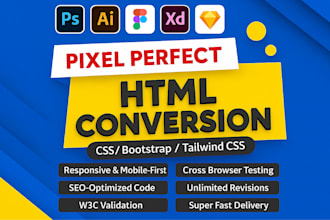 convert PSD, figma, xd, or sketch to responsive HTML, CSS, or bootstrap website