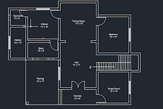 draw autocad 2d plan with complete dimensions and elevation