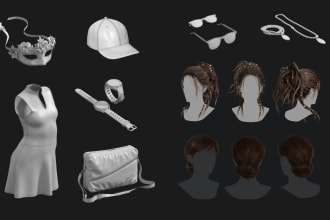 create 3d hair, 3d clothes, 3d accessories, bag, hat, mask
