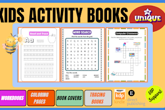 do kids activity books, worksheets, coloring pages, book cover for amazon KDP