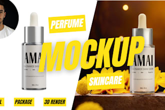 do 3d mockup and label design for perfume skincare product