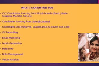 do full recruitment support, cv source, screen, b2b leads generation, data entry