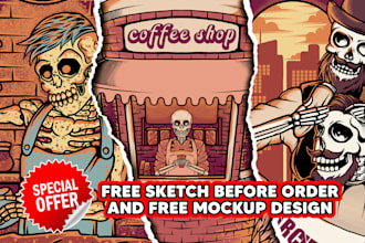 custom illustration skeleton skull for tshirt logo design