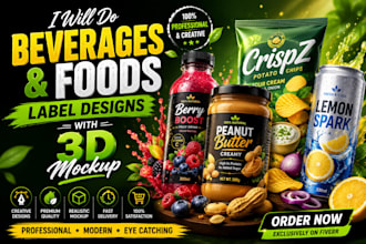do any type of liquids, juices, beverages and foods label designs with 3d mockup