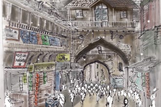 hand draw architectural sketch of buildings, public places