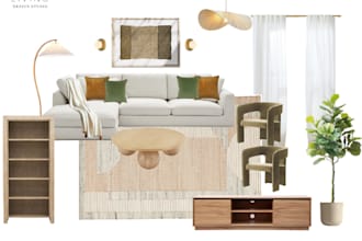 decorate a room in japandi design, provide moodboard and shopping links