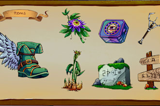 draw 2d video game props, items,icons and animation