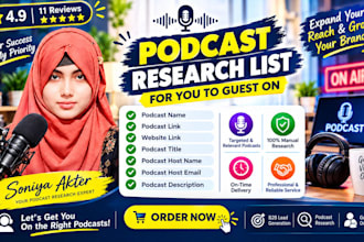 research a podcast list for you to guest on
